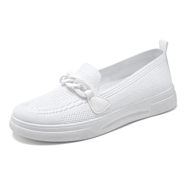 Chain Flats Shoes For Women Slip On Round Toe Comfortable Shoes White - Shop at LoveMi