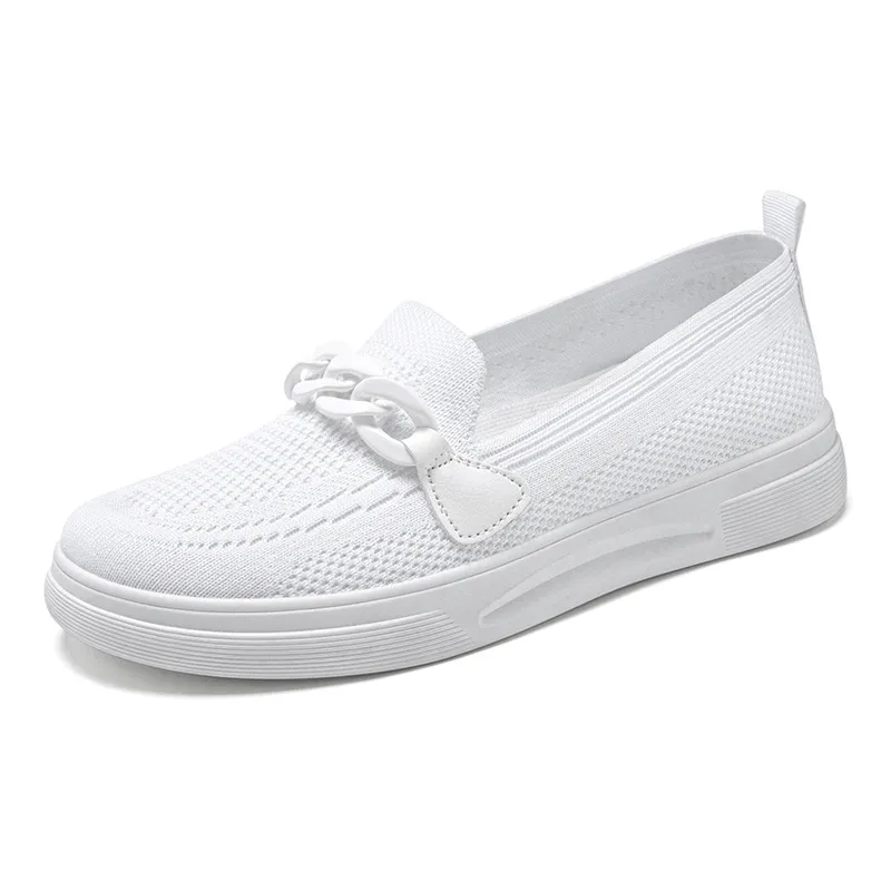 Chain Flats Shoes For Women Slip On Round Toe Comfortable Shoes - White