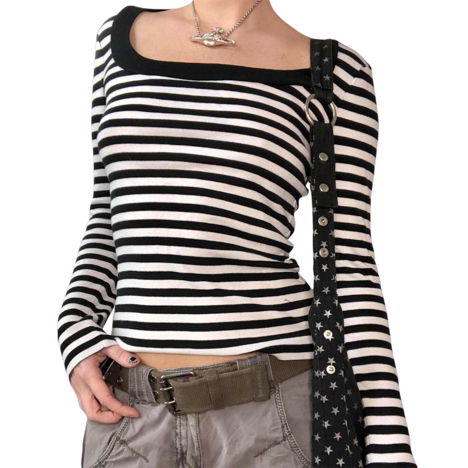 Long Sleeve Pullover Striped Slip Neck Black