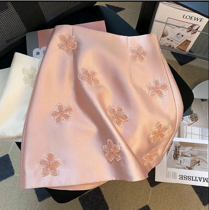 Embroidery Beads Flower Slim-fit Slimming Sheath Skirt For Women Summer - Pink