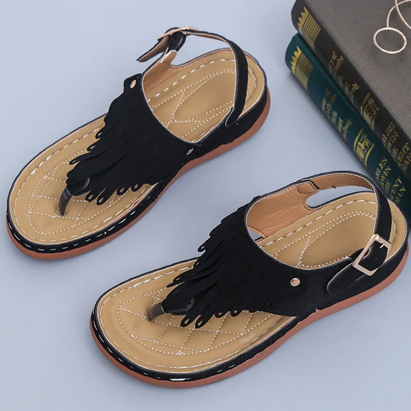 Women's Roman Cutout Thong Wedge Beach Sandals - Black