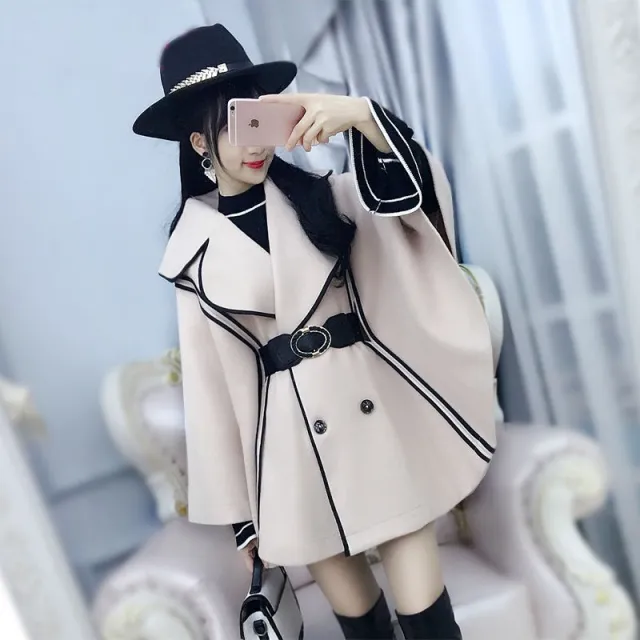 Beige Black Side Bat shaped Cloak Cloak Top Woolen Coat Female Autumn Bat Sleeves Black - Shop at LoveMi