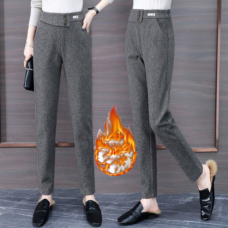 Women's Herringbone Woolen Pants Autumn And Winter Greyadd Velvet - Shop at LoveMi