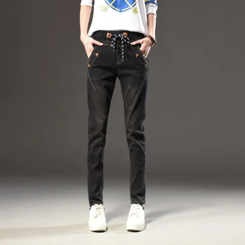 Women's Elastic Waist Jeans Trousers Black - Shop at LoveMi