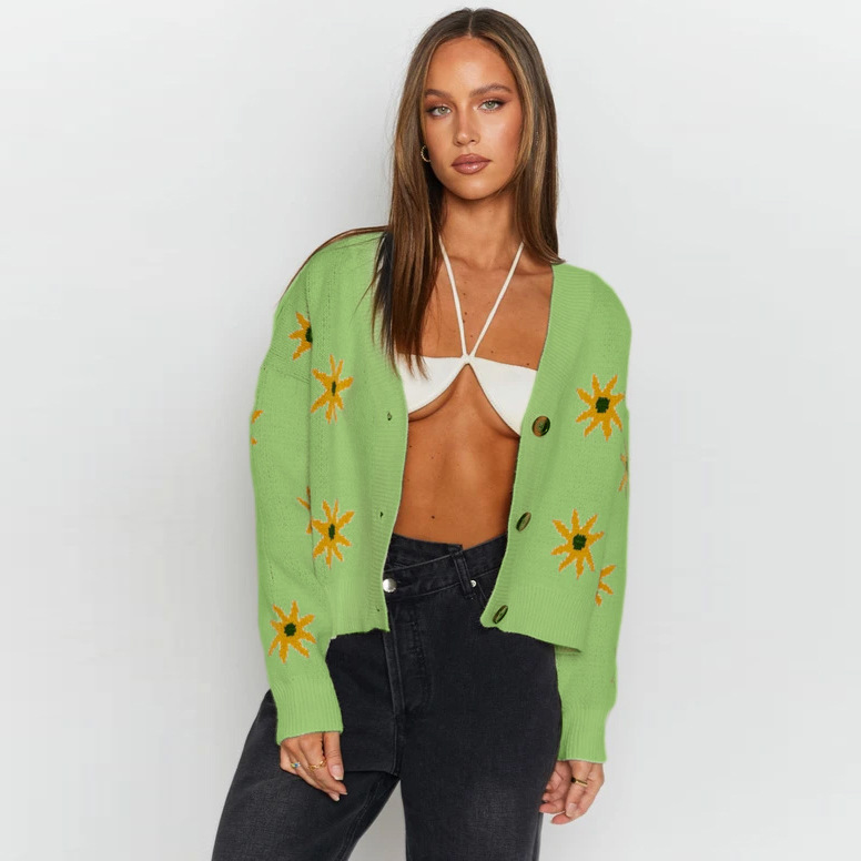 Title 6, College Wind Sunflower Knitted Jacket Loose V-n...