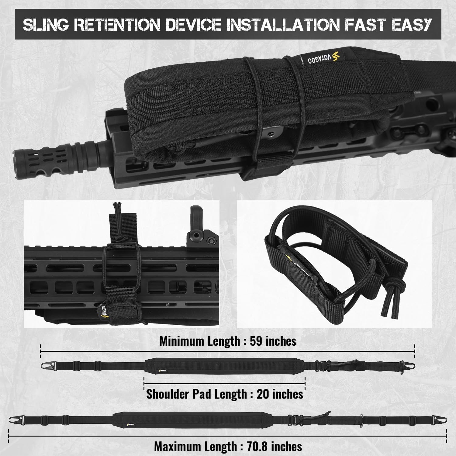 Quick Adjust 2 Point Gun Sling. Multi-Option Install & Sling Management: This rifle sling comes with 2 QD swivels and 2 HK HOOK and a sling management retention device and a sling ring. The sling swivels allow for easy installation to the barrel and butts