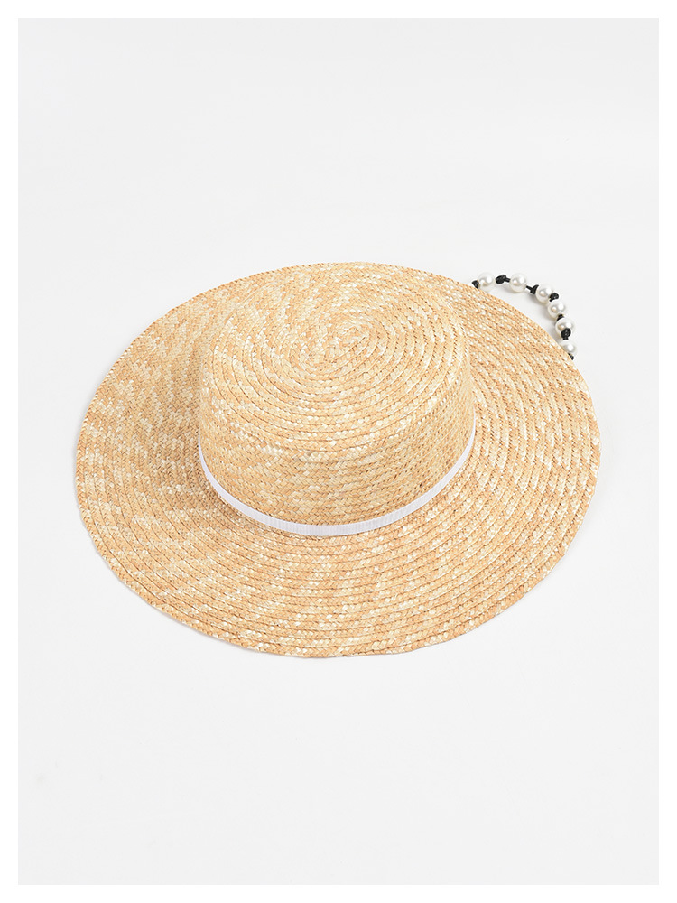 Flat Straw  Women Pearl Chain Sunshade Sun Hat