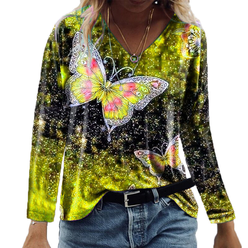 Title 6, Casual Top V-Neck Butterfly Print Loose Long Sl...