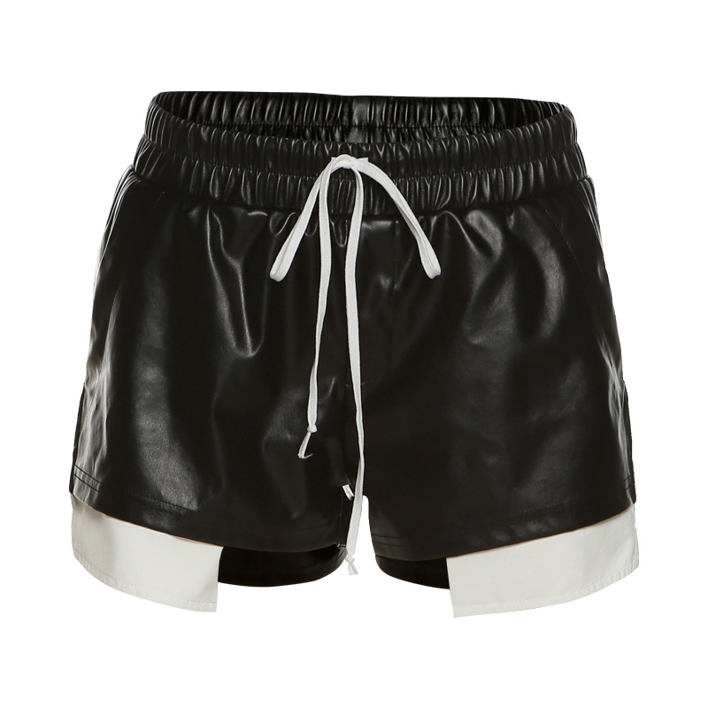 Women's Fashion Contrast Color Faux Leather Lace Up High Waist Pack Hip Tight Casual Shorts Black - Shop at LoveMi