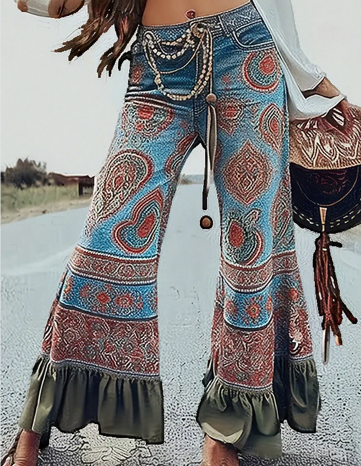Pantalon évasé Ursime imprimé bohème à ourlet volanté – Color1, XL