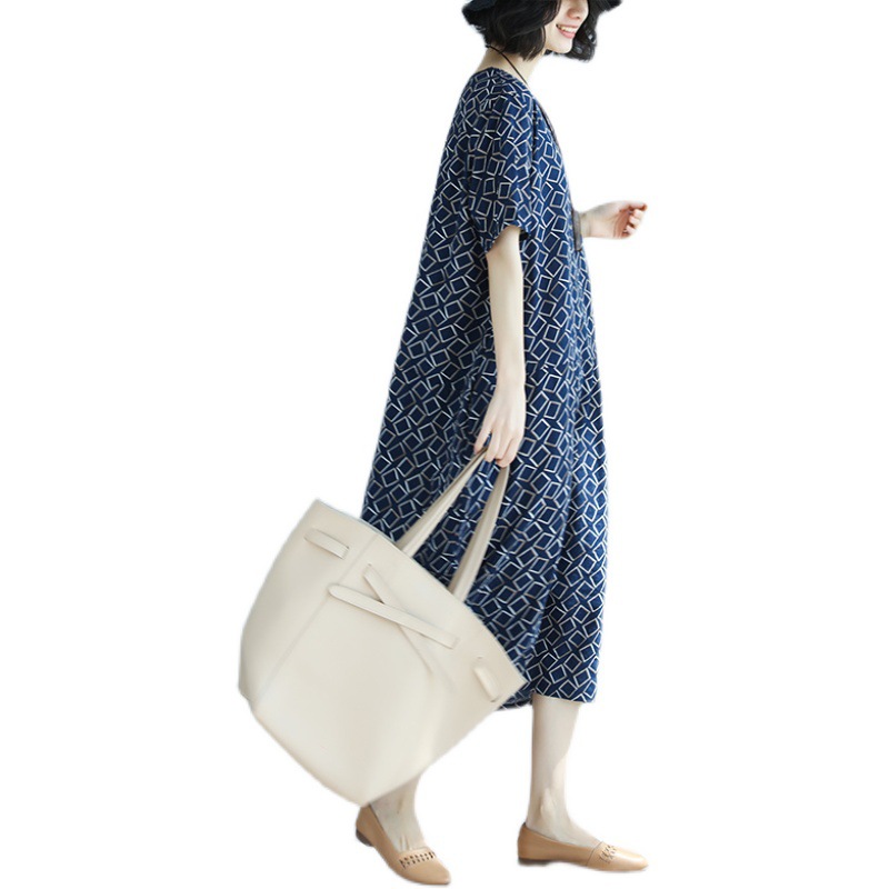 Plus Size Loose Cotton Linen Print Crew Neck Short Sleeve Dress