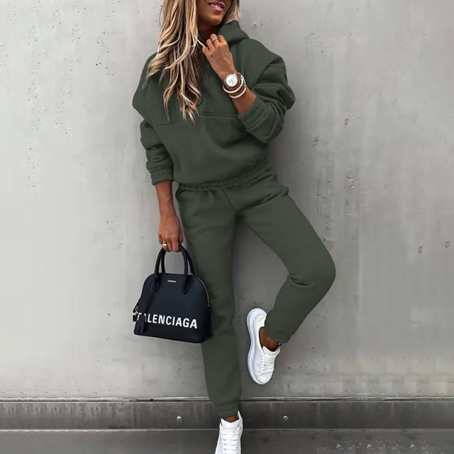 Women's Casual 2 Piece Tracksuit, Solid Color Hooded Sweatshirt And Slim Fit Jogger Pants For Autumn And Winter Dark Green - Shop at LoveMi