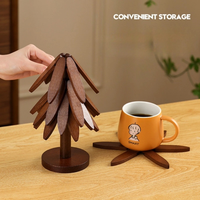 Christmas Tree Trivet Set Natural Hardwood Decoration Coaster With Leaf Texture