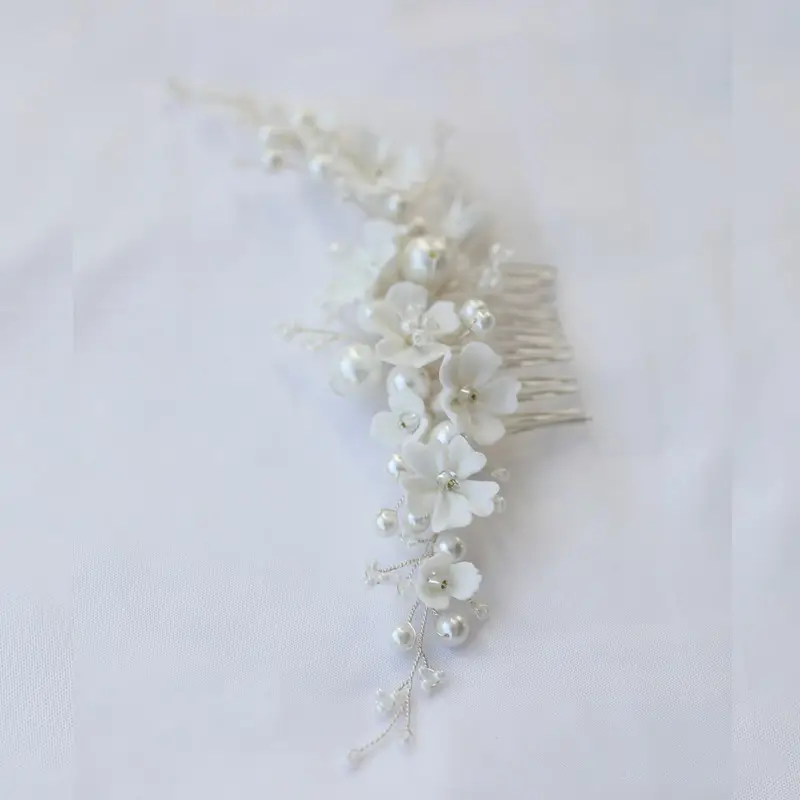 White Ceramic Flower Bridal Hair Comb Shell