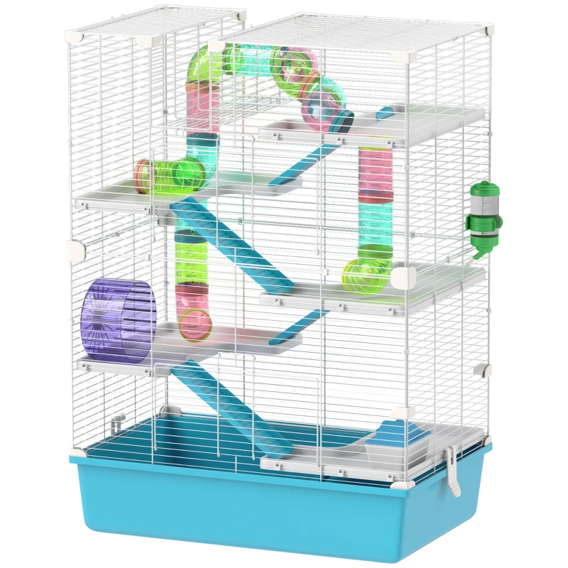 PawHut 6 Tier Hamster Cage With Tubes And Tunnels, Hut, Wheel, Food Dish, Water Bottle, Ramps, For Dwarf & Gerbil, Light Blue