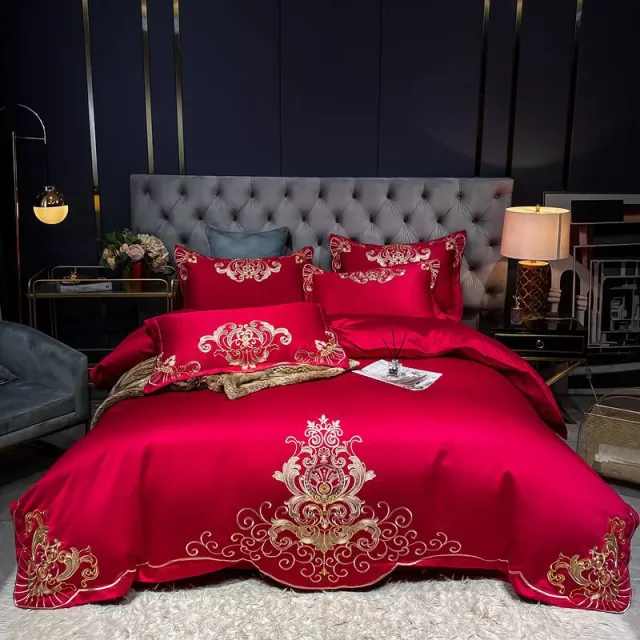Solid Embroidered Satin Cotton Sheet China Red - Shop at LoveMi
