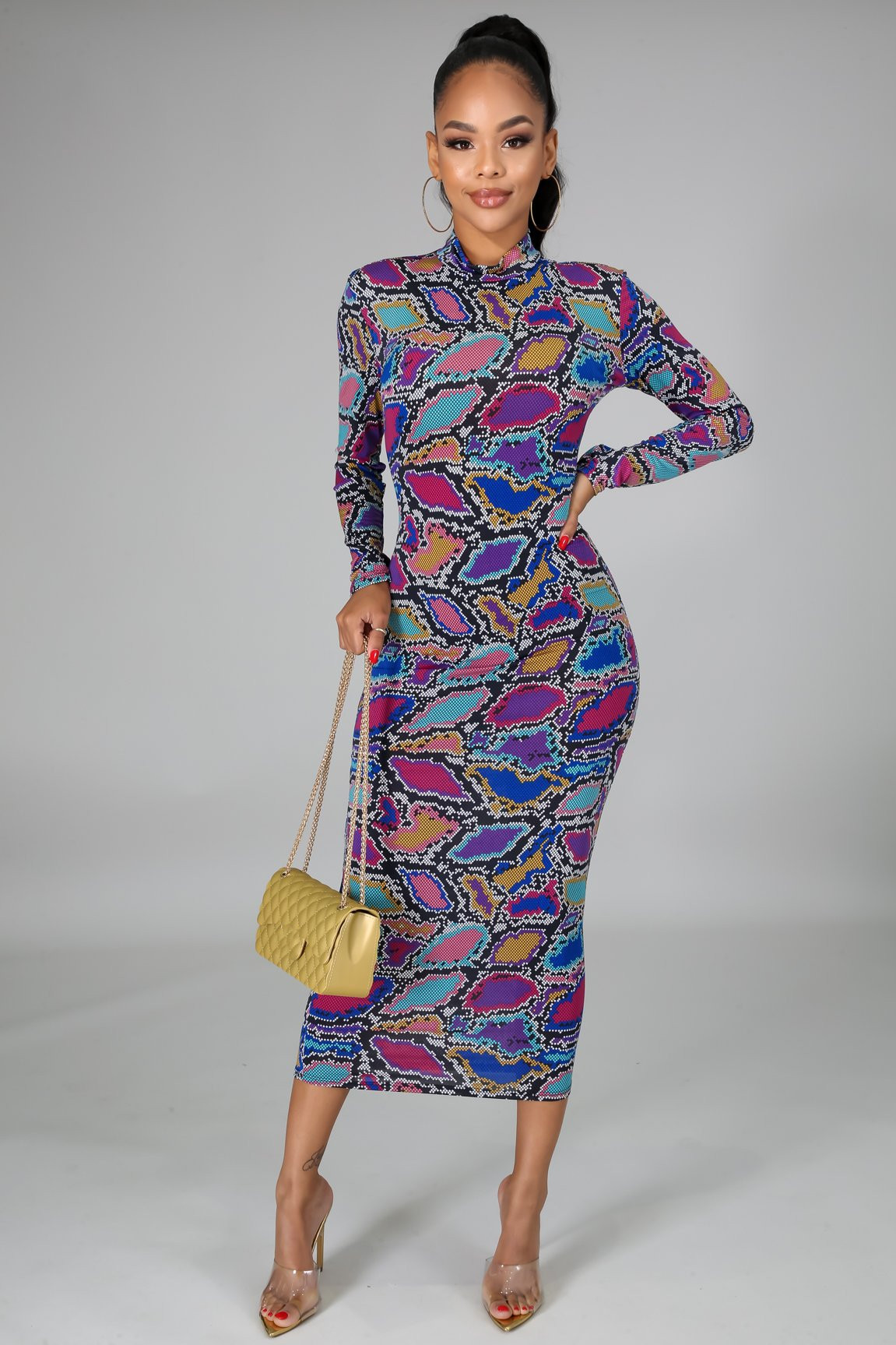 Women's Printed Long Sleeve Zip Front And Back Dress