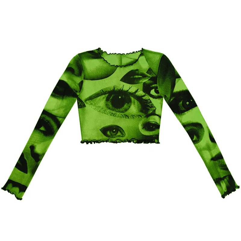 New Style Women's AliExpress Mesh Gauze Big Eyes Print Short Cropped Top T-shirt With Wood Ears