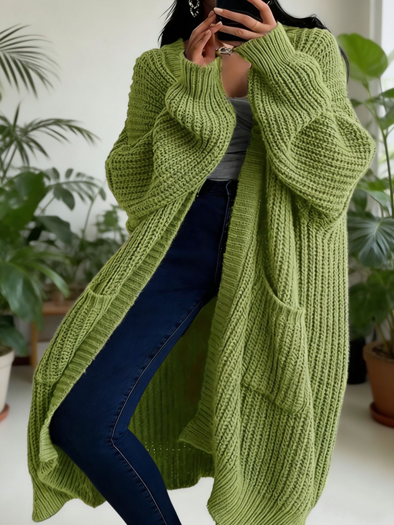 Women Long Oversized Knit Cardigan, Open Front Thick Chunky Sweater Coat With Pockets, Loose Maxi Length Fall Winter Outerwear