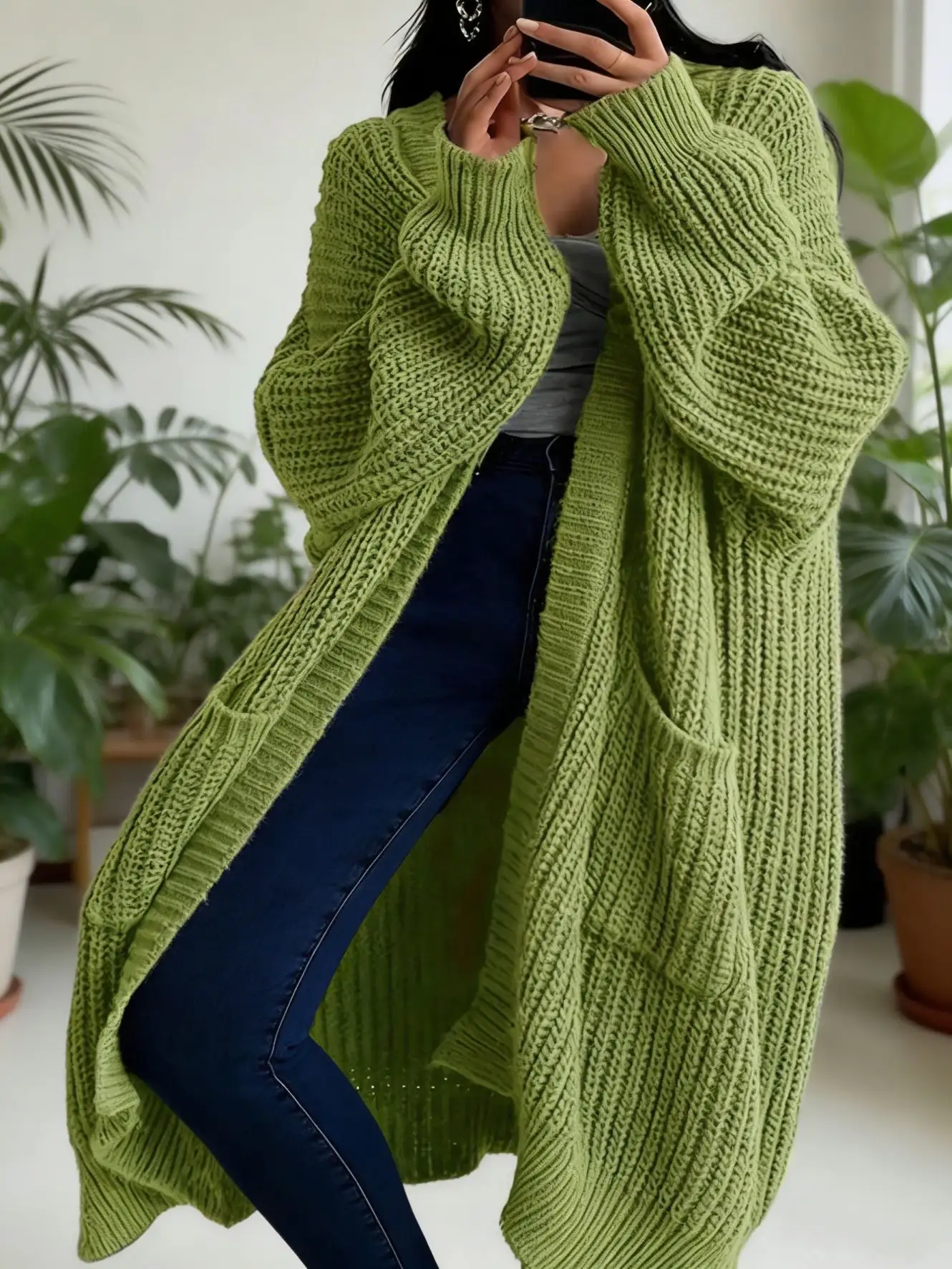 Women Long Oversized Knit Cardigan, Open Front