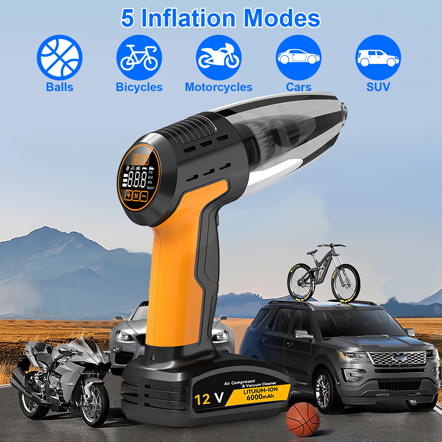 1Pc 4 In 1 Cordless Car Vacuum Cleaner And Tire Inflator With LED Light Digital Display Tire Pressure Gauge 150PSI Rechargeable Air Compressor Pump Essential Car Accessories - Image 4