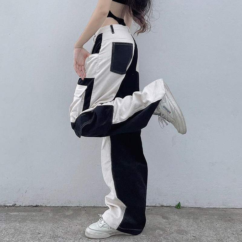 Multi Pocket Contrast Stitching Elements Low Waisted Corduroy Pants