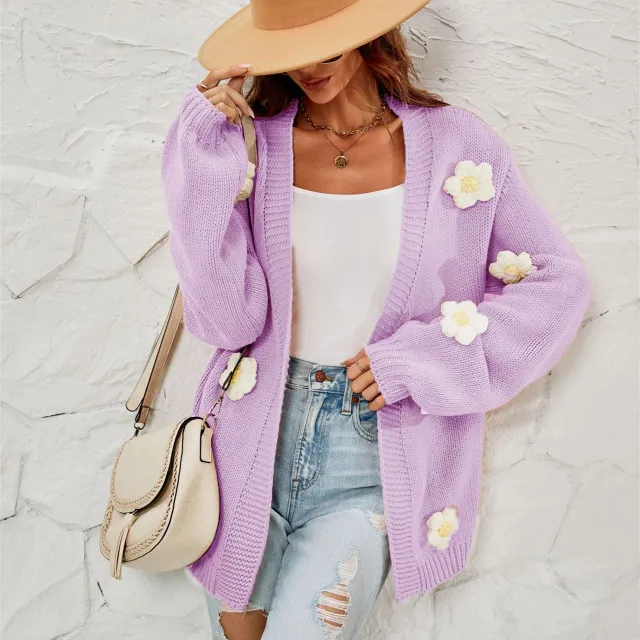 Women's Fashion Casual Flower Cardigan Lantern Sleeve Sweater Coat Purple - Shop at LoveMi