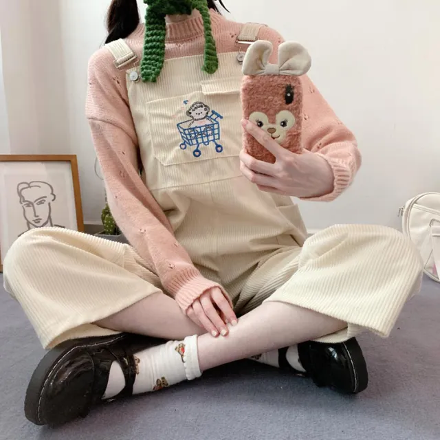 Korean Student Girl Corduroy Overalls Shopping Cart Embroidery Straight Leg Casual Trousers Women Beige - Shop at LoveMi