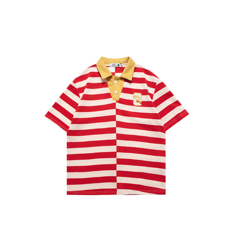 Men's Retro Contrast Offset Striped Lapel Short Sleeves