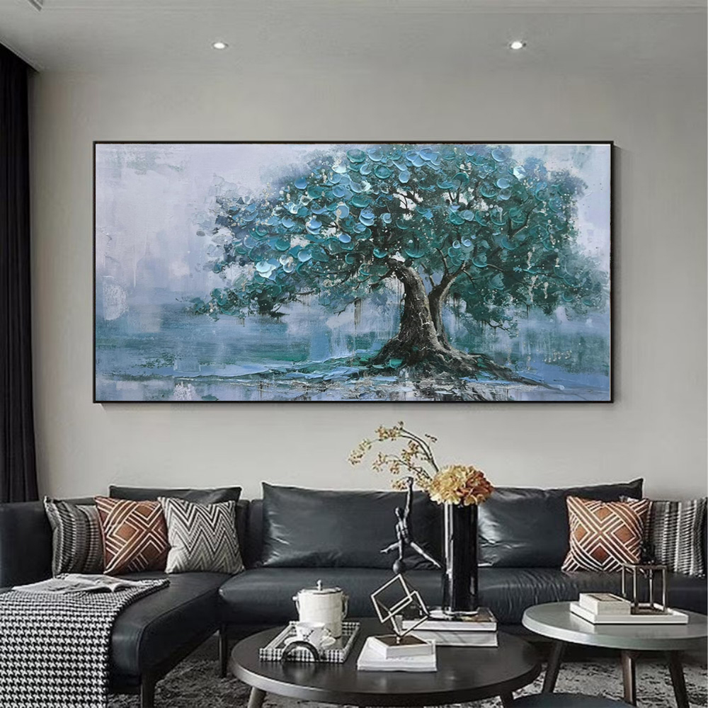 Large Handpainted Palette Knife Green Big Tree Oil Painting On Canvas Modern Abstract Landscape Art Poster Wall Pictures Home Decor - Image 2