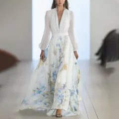 Women's Deep V-Neck Floral Print Boho Maxi Dress With Long Sleeves - A-Line Waist Ruffle Hem Dress For Spring&Summer Vacation - White - View 1
