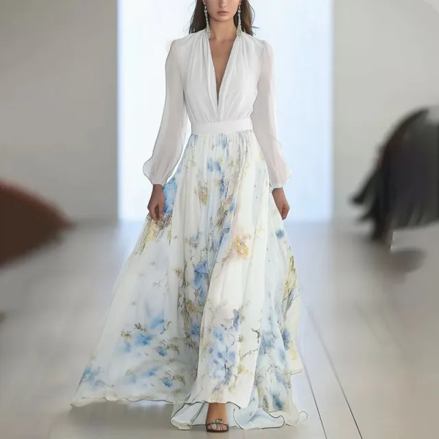 Women's Deep V Neck Floral Print Boho Maxi Dress With Long Sleeves A Line Waist Ruffle Hem Dress For Spring&Summer Vacation White - Shop at LoveMi