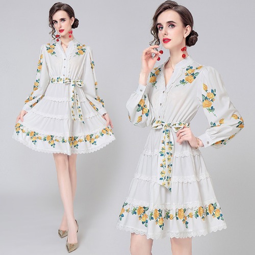 V-neck Puff Sleeve Lace-up A-line Water-soluble Lace Long-sleeved Dress