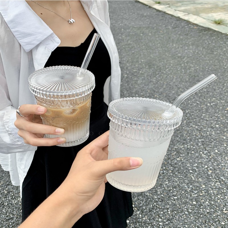 Nordic Ins Style Retro Embossed Sunflower Water Cup With Lid Straw Glass