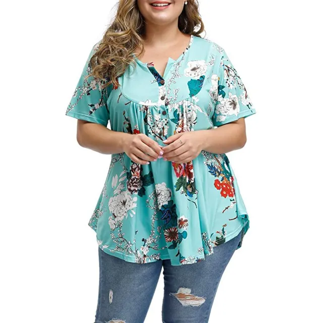 New Ladies V Neck Button Plus Size Printed Short Sleeve Top Blue - Shop at LoveMi