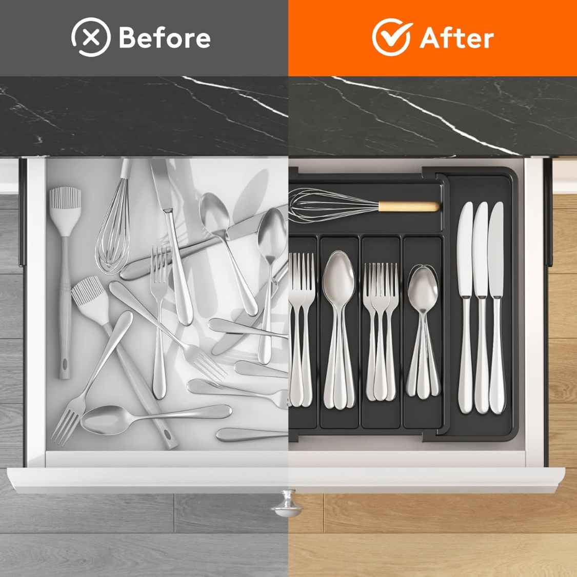 Expandable Silverware Organizer Plastic Utensil Tray For Kitchen Drawer BPA Free Flatware Cutlery Holder Space-Saving Storage For Spoons Forks