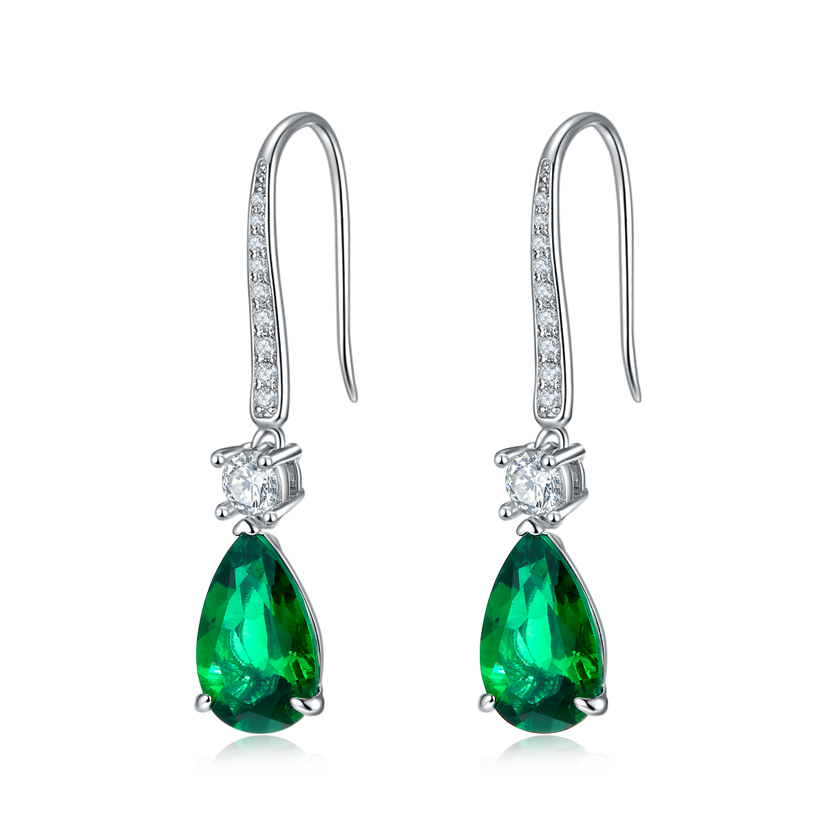 S925 Silver 2.8g Lab-Created Emerald Dangle Earrings, 11x7mm 0.6ct Pear Pair