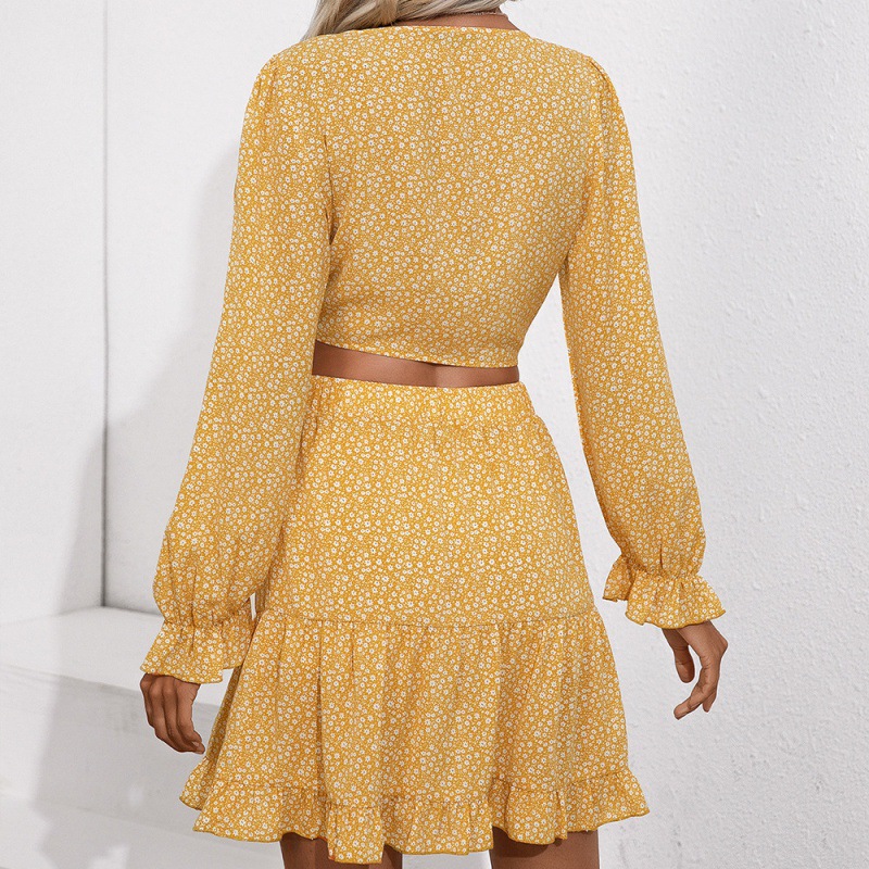 Printed Sexy Belly Button Top And Skirt, Small Floral V-neck Tie Suit