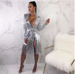 Deep V-neck Shiny Lace-up Long-sleeved Sexy Split Fringe Dress - Silver - View 1