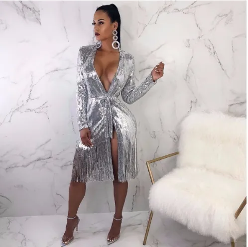 Deep V neck Shiny Lace up Long sleeved Sexy Split Fringe Dress Silver - Shop at LoveMi