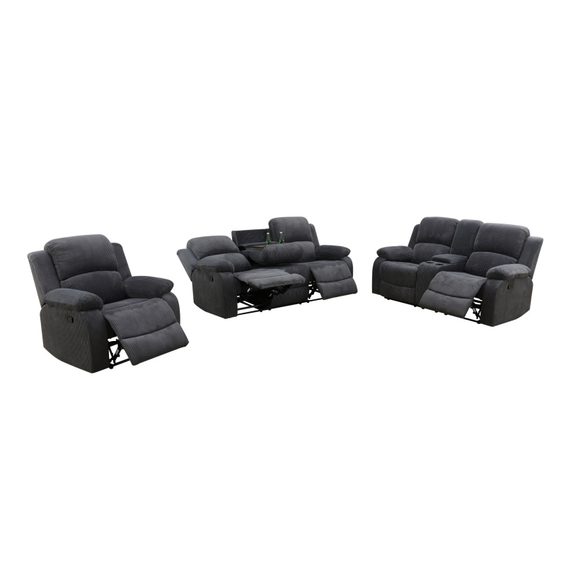 Pickup Only--Dark Grey Corduroy 3-Piece Living Room Recliner Sofa