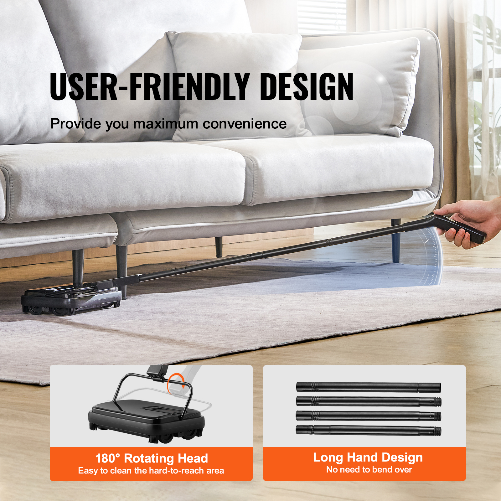 VEVOR Carpet Sweeper, 7.87 In Sweeping Paths, Floor Sweeper Manual Non Electric, 300 Ml Dustbin Capacity With Comb For Home Office Rugs Hardwood Surfaces Wood Floors Laminate, Cleans Dust Pet Hair image 2