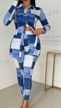Women's Shirt Collar Long Sleeve Knit Denim Effect Top And Pants Set - Blue - View 1