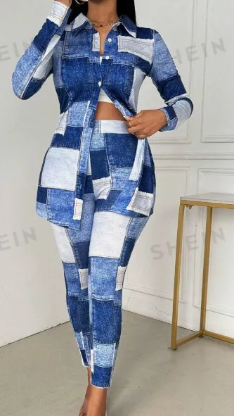 Women's Shirt Collar Long Sleeve Knit Denim Effect Top And Pants Set Blue - Shop at LoveMi
