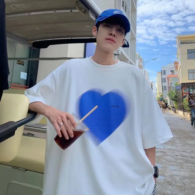 Heart Print Cotton Plus Fertilizer Oversized Short Sleeve T Shirt White - Shop at LoveMi