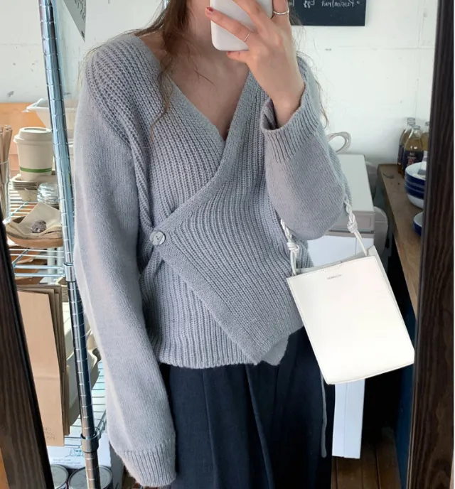 V Neck One Piece Button Knit Cardigan Blue - Shop at LoveMi
