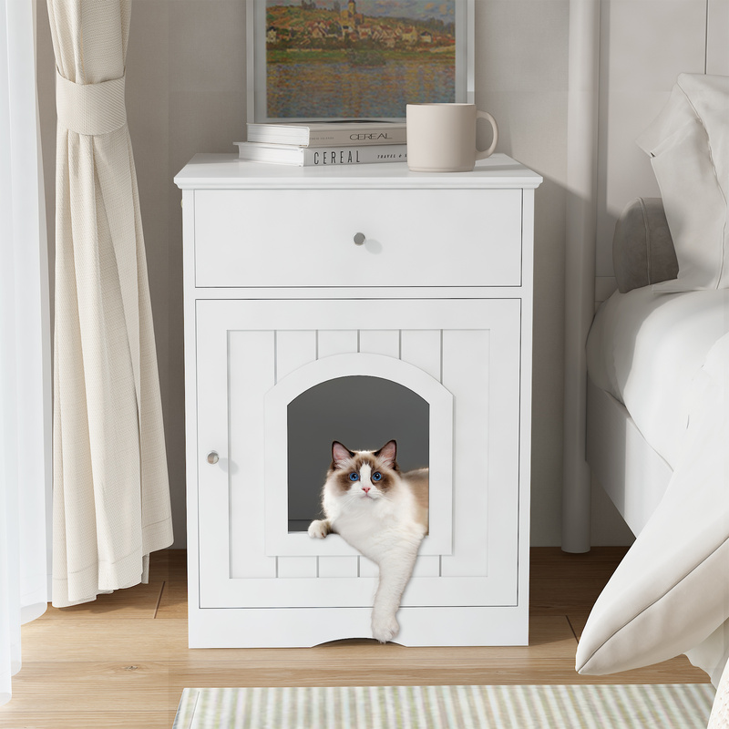 White Wooden Cat Litter Box Enclosure W Drawer & Side Table, Indoor Pet Crate Nightstand For Home — foto 5