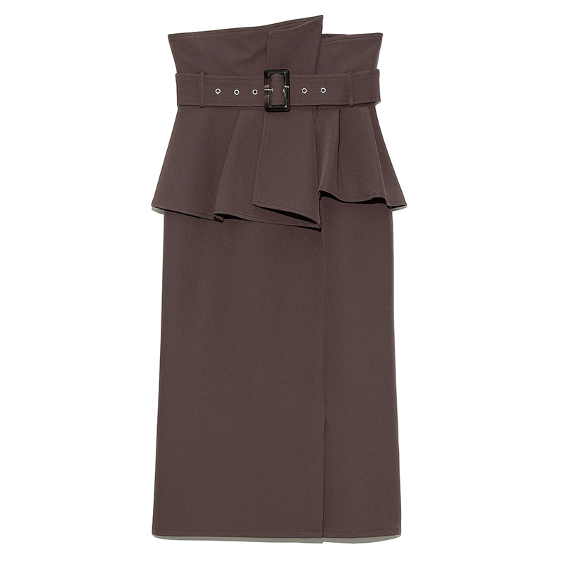 Temperament Solid Color High-waisted Belt Modified Pleated Ruffled Slim And Elegant Skirt
