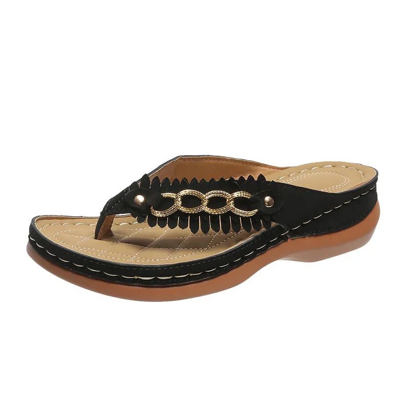 Summer Women Wedge Sandals With Chain Anti-Slip Slippers Retro Slides Flip Flops Shoes - Black