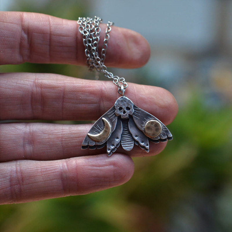 Vintage Skull Moth Insect Sun Moon Pendant Necklace